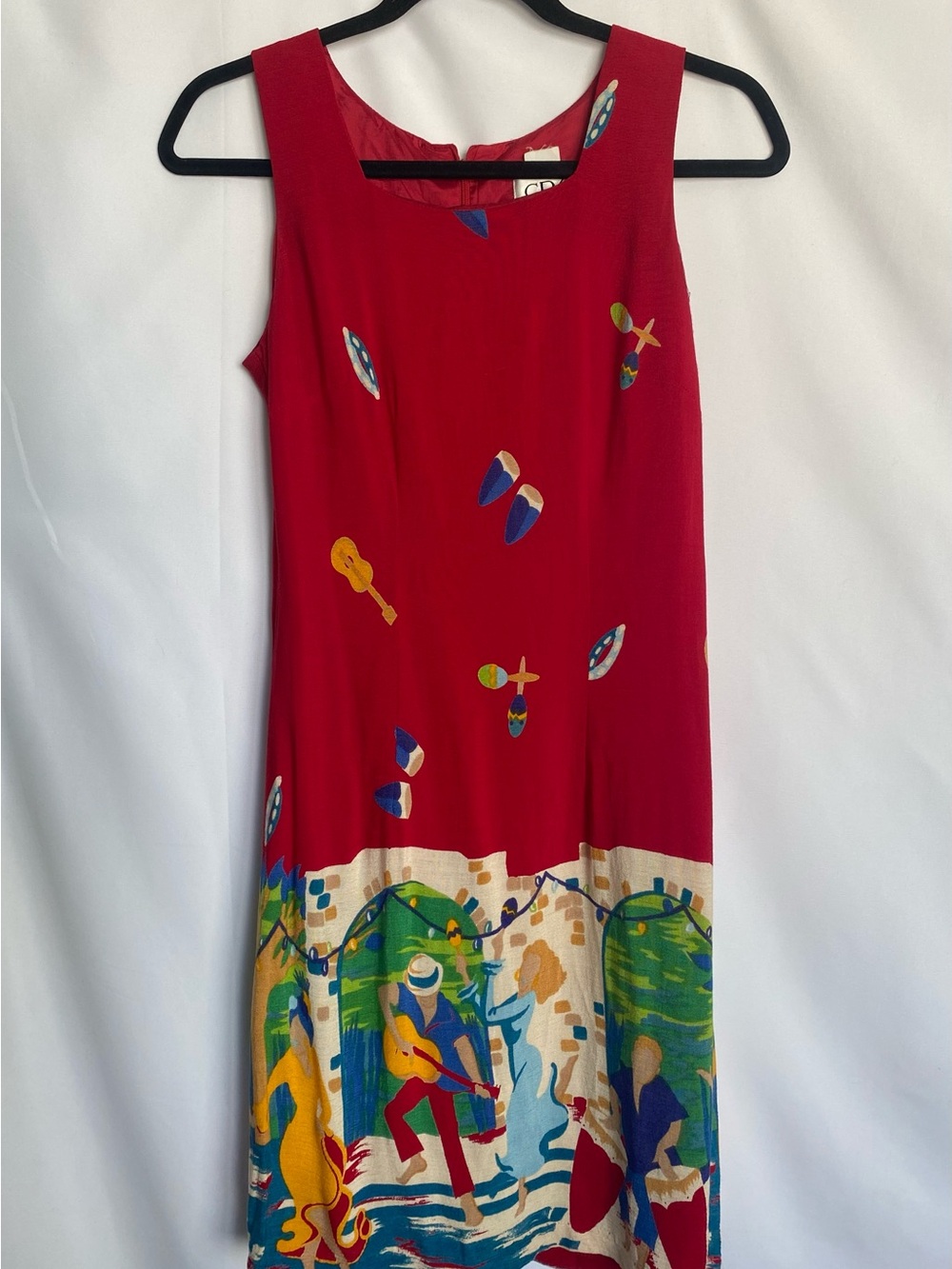 Red Sleeveless Casual Midi Dress with Colorful Beach Motif